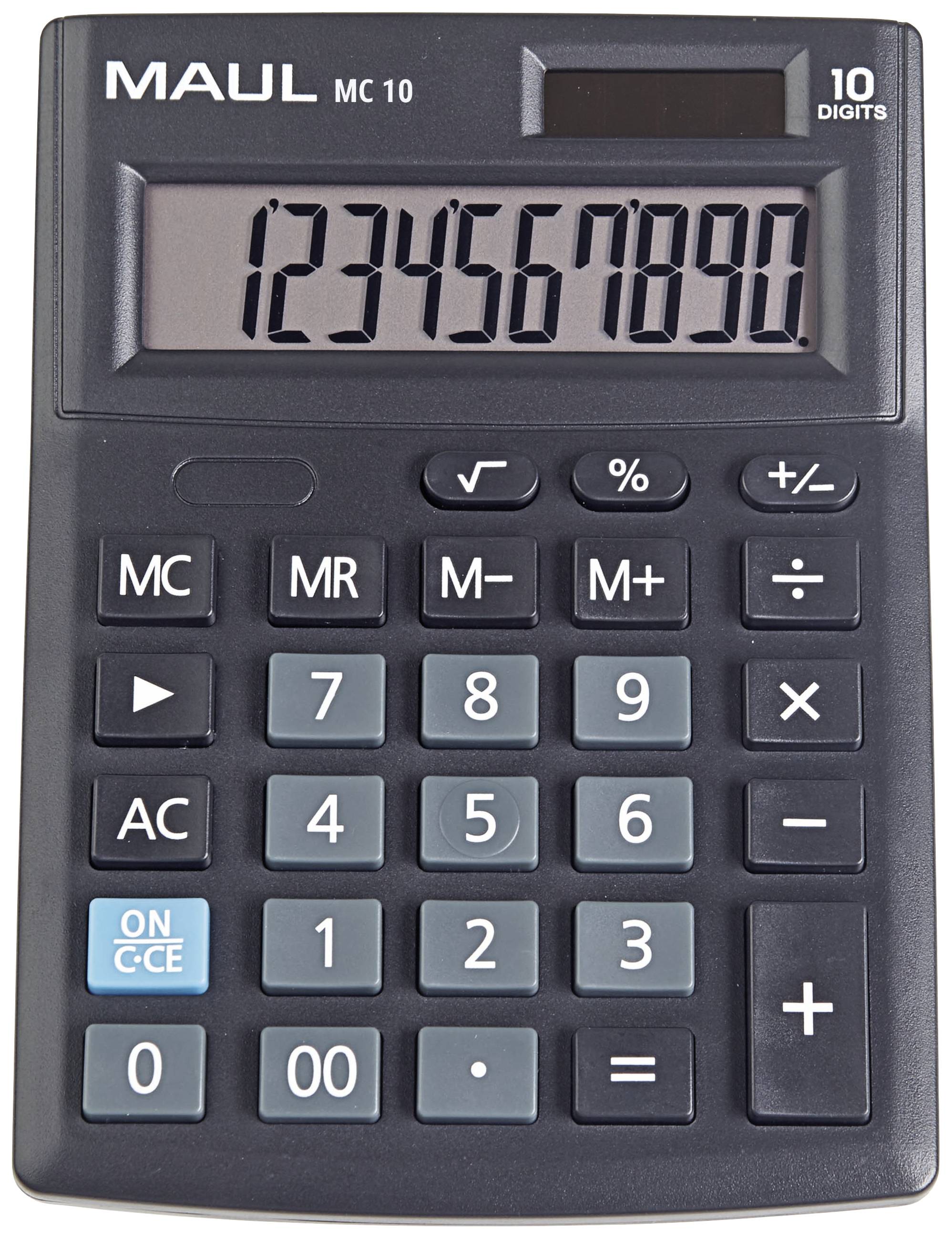 Ein schwarzer Taschenrechner mit Display zeigt die Zahlenfolge '1234567890'. Tasten umfassen Grundrechenarten und Funktionen.