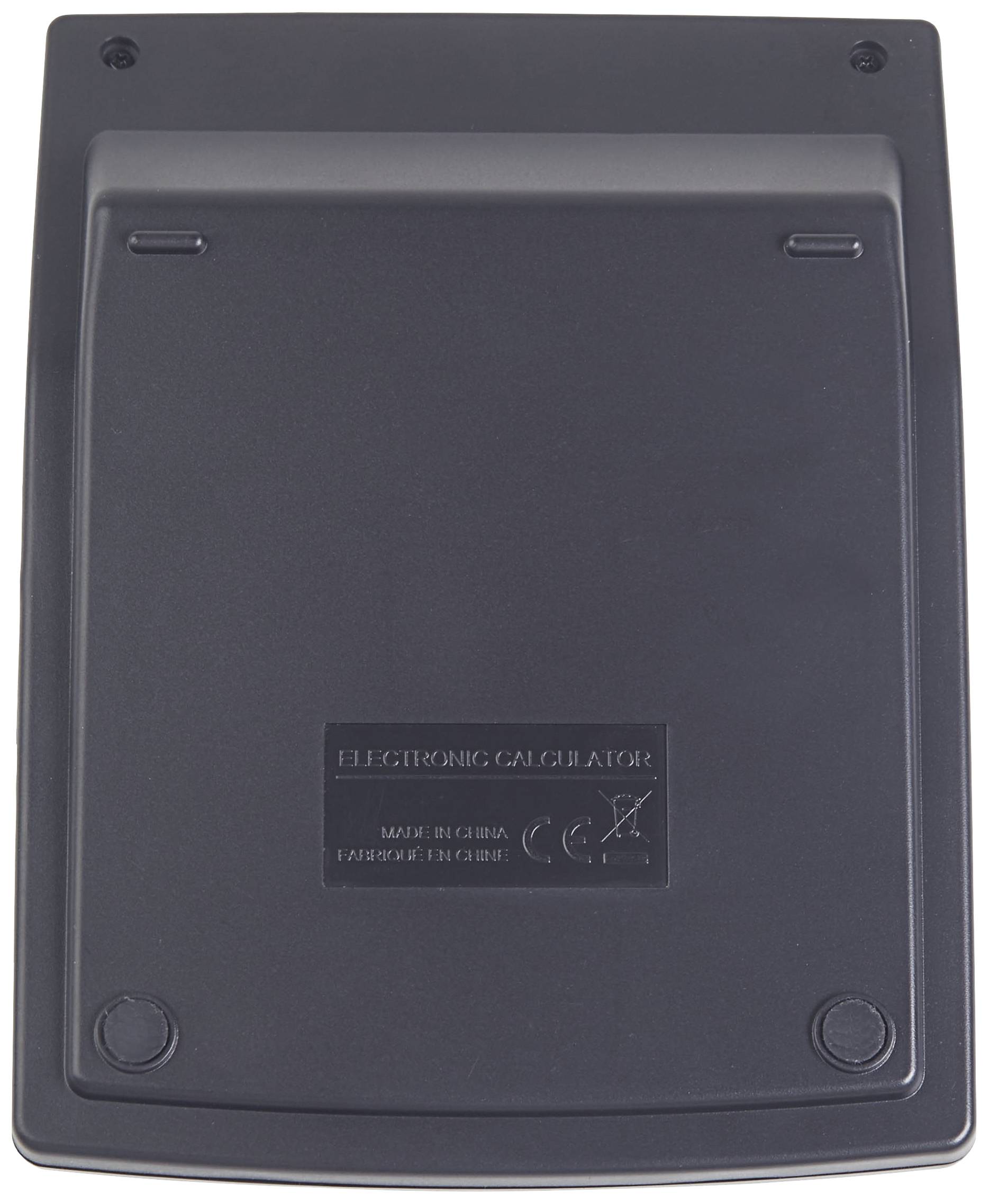 Rückseite eines elektronischen Taschenrechners aus Kunststoff mit Herstellerinformationen und CE-Zeichen.