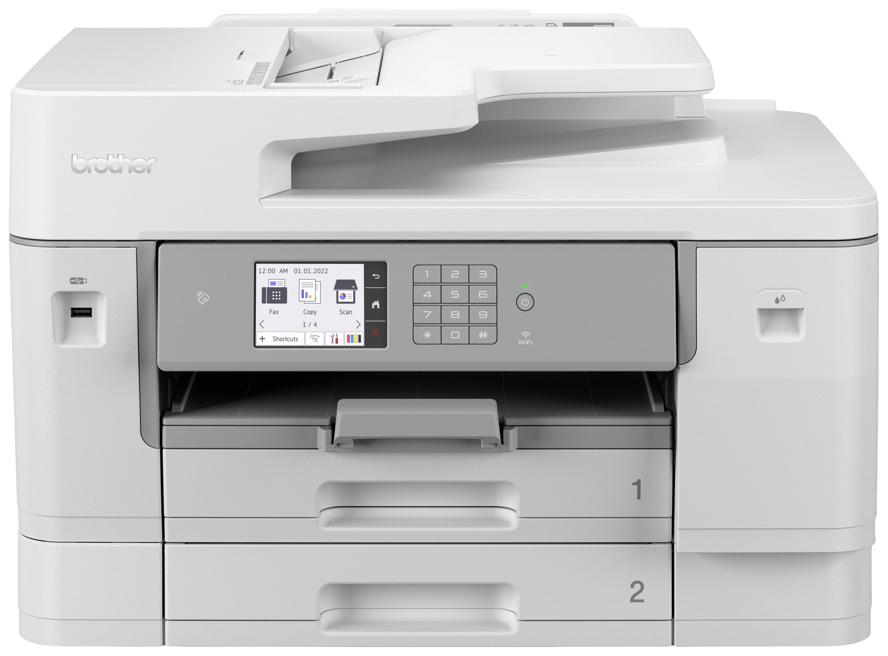 Ein weißer Drucker mit zwei Papierfächern und einem Touchscreen-Display in der Mitte. Markenname auf der linken Seite sichtbar.