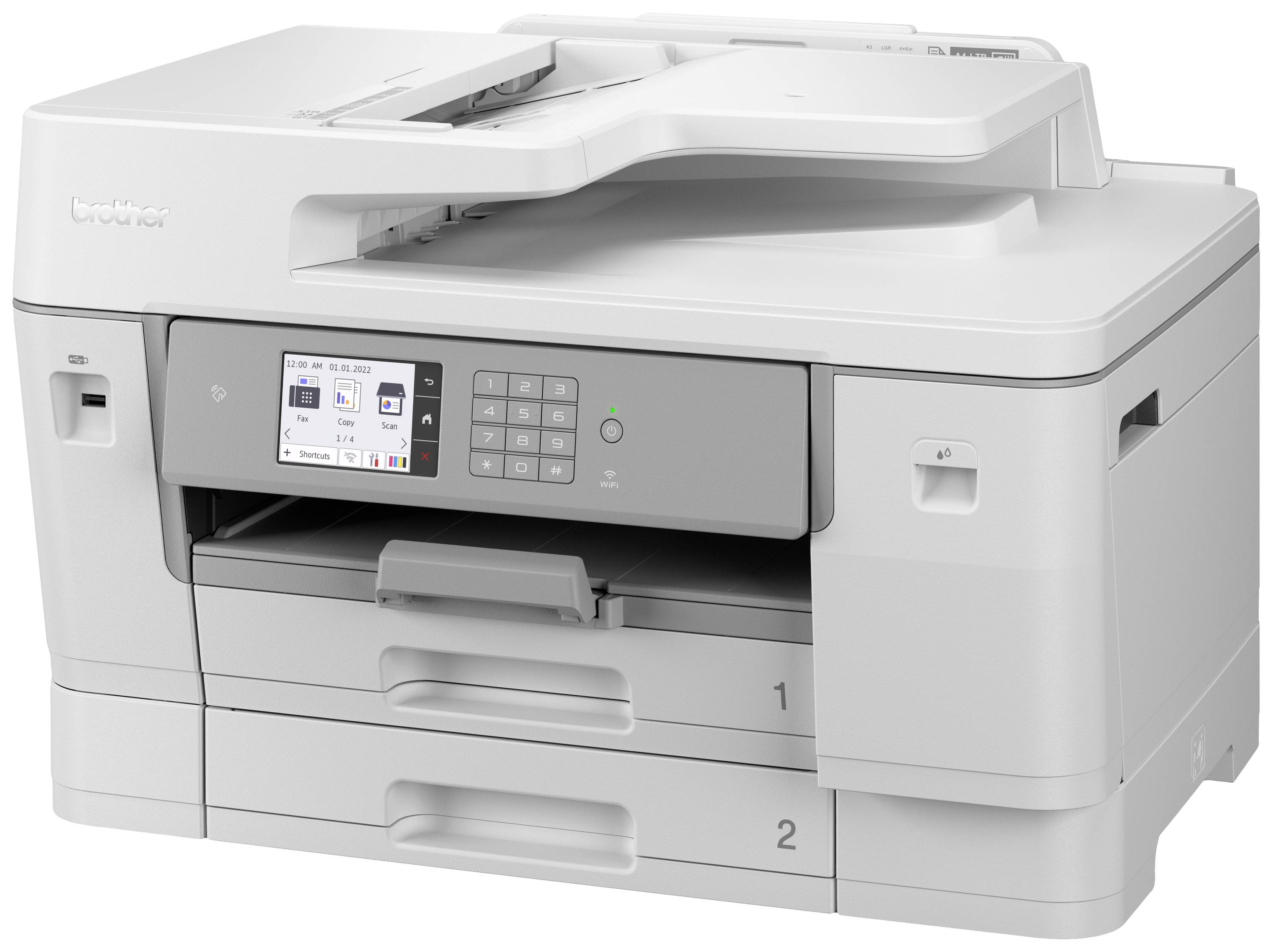Multifunktionaler Drucker mit Display und Bedienfeld auf der Vorderseite. Zwei Papierfächer sind sichtbar. Gerät ist grau.