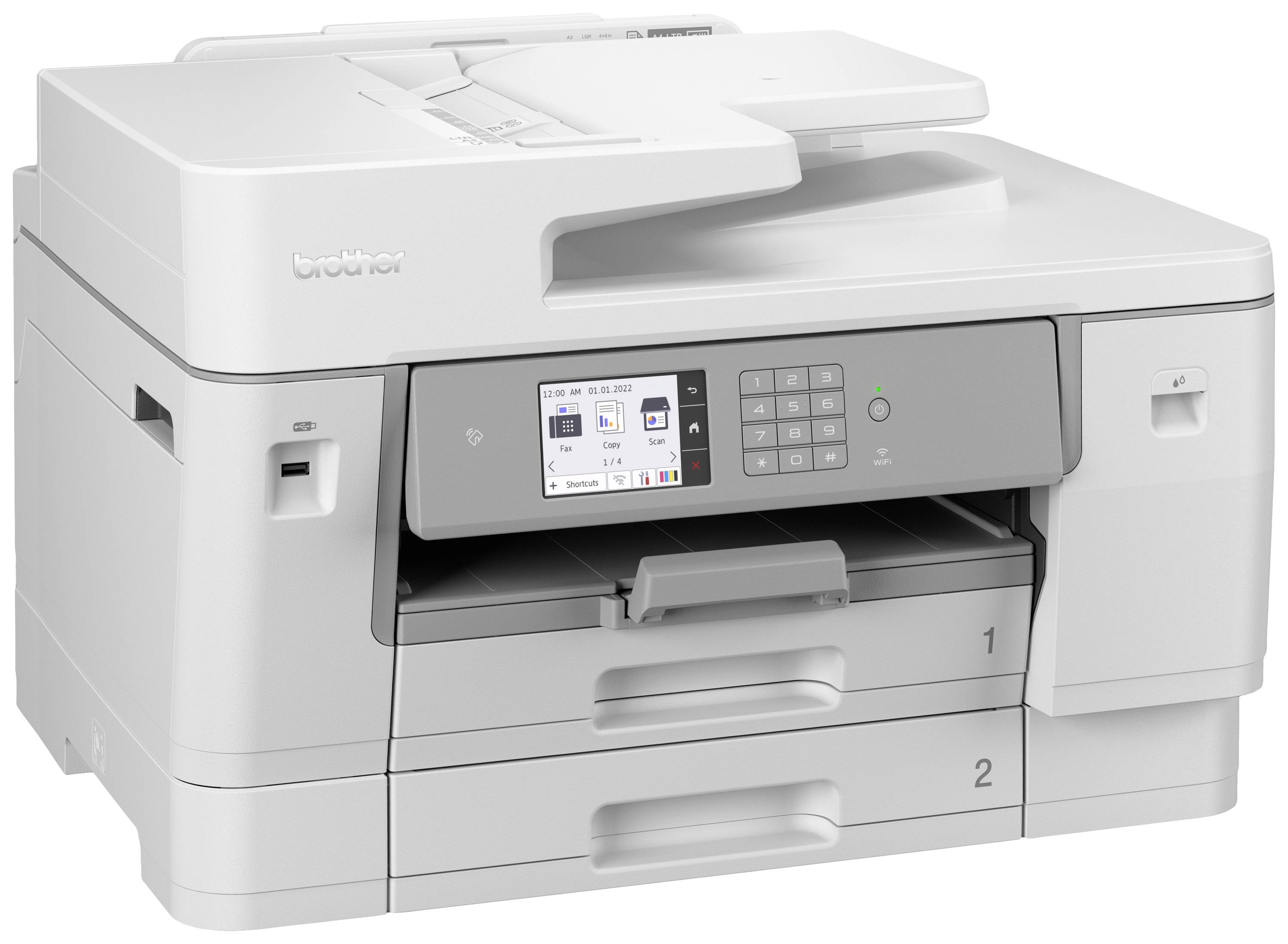 Ein grauer Multifunktionsdrucker mit Touchscreen-Display und zwei Papierfächern, geeignet für Bürodruckaufgaben.