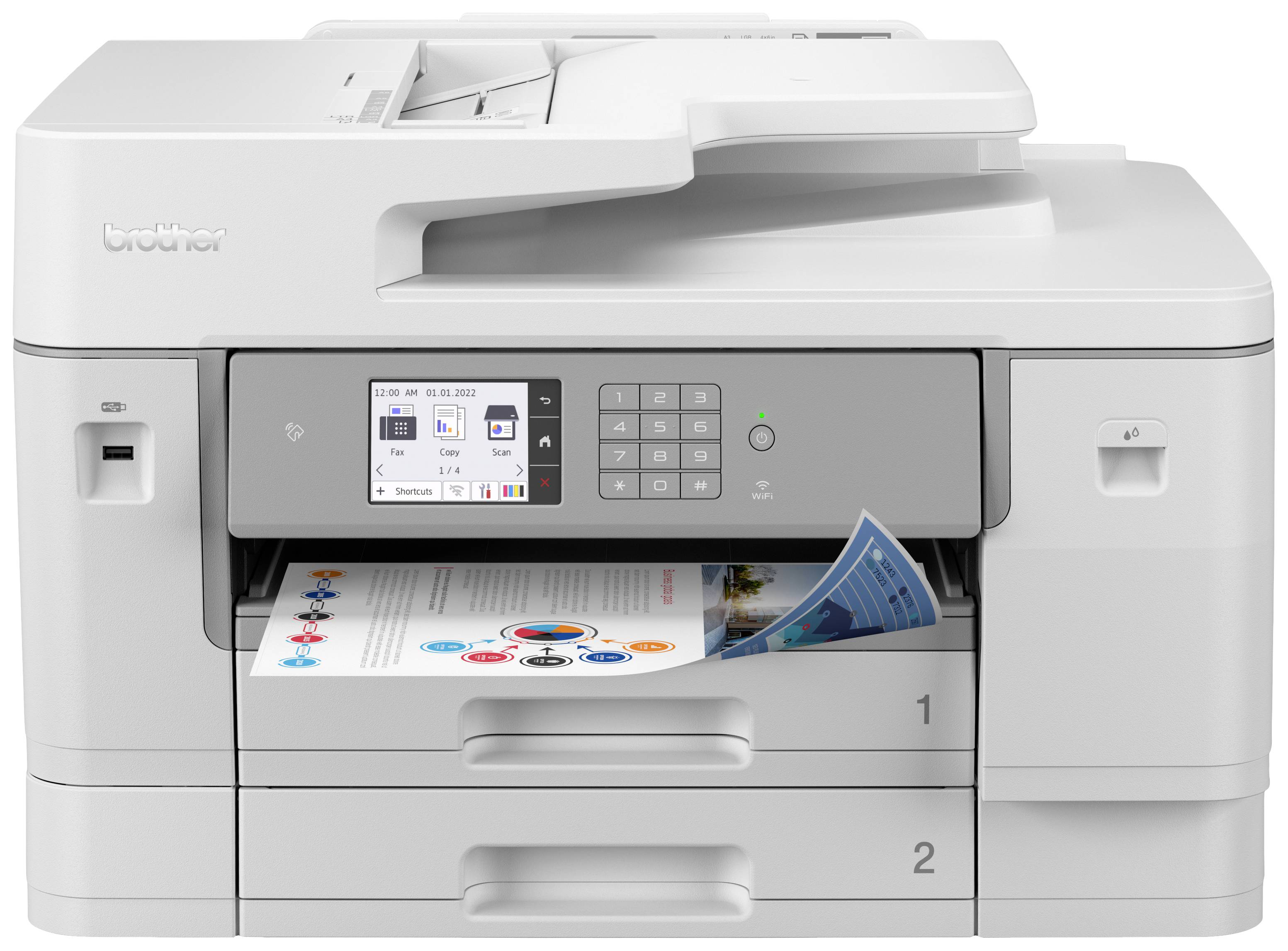 Ein grauer Drucker druckt ein buntes Diagramm. Der Drucker hat zwei Papierfächer und ein Bedienfeld mit Display und Tasten.