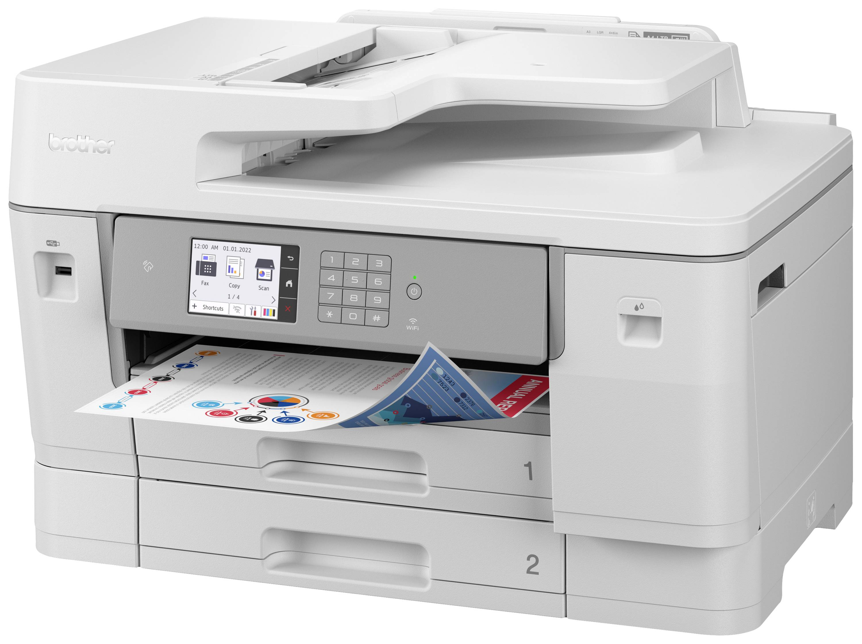 Ein grauer Multifunktionsdrucker auf einem Tisch druckt ein Dokument mit bunten Grafiken.