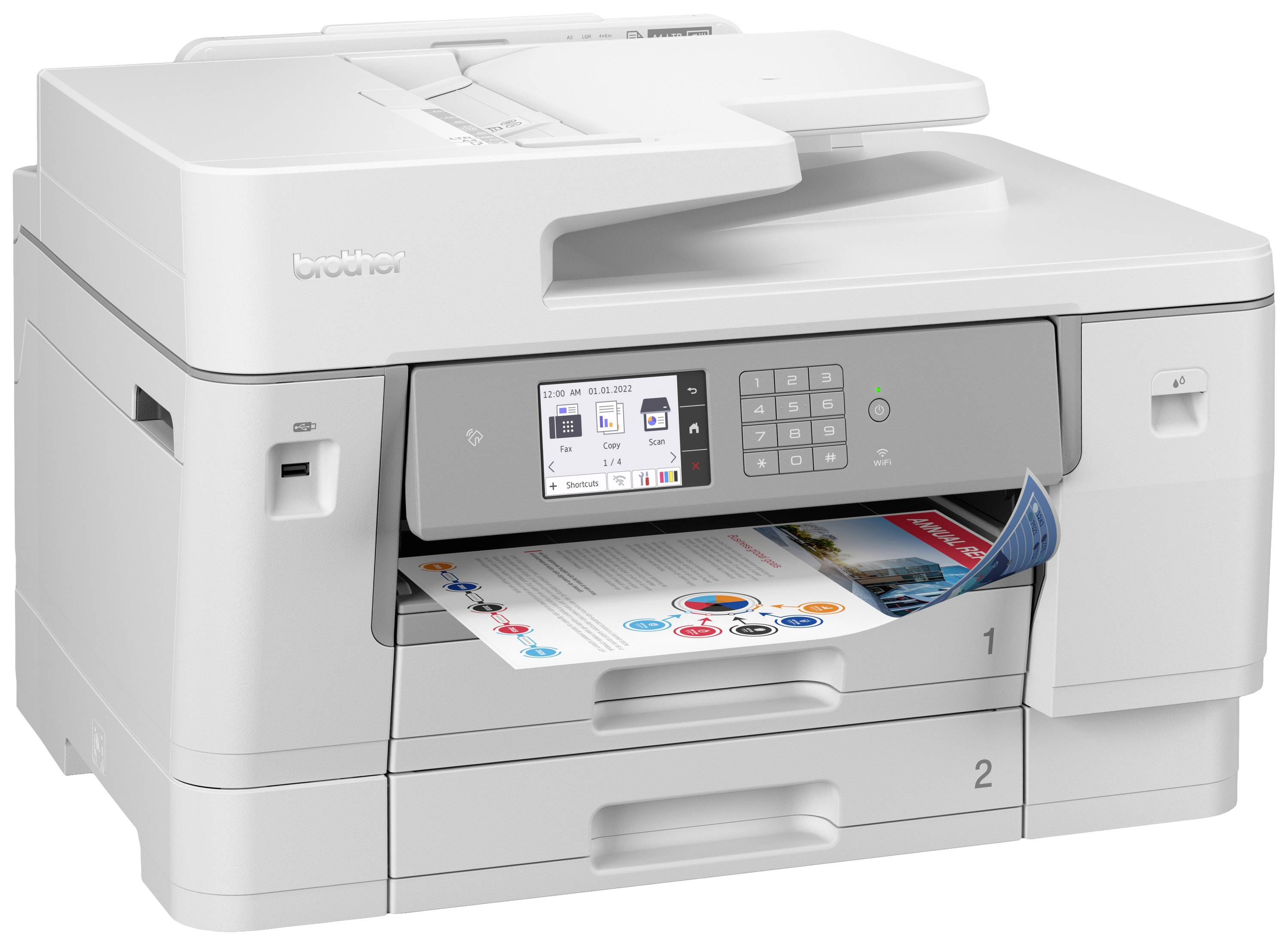 Ein multifunktionaler Drucker mit einem Farbdisplay druckt ein Dokument. Zwei Papierfächer sind sichtbar, beschriftet mit '1' und '2'.