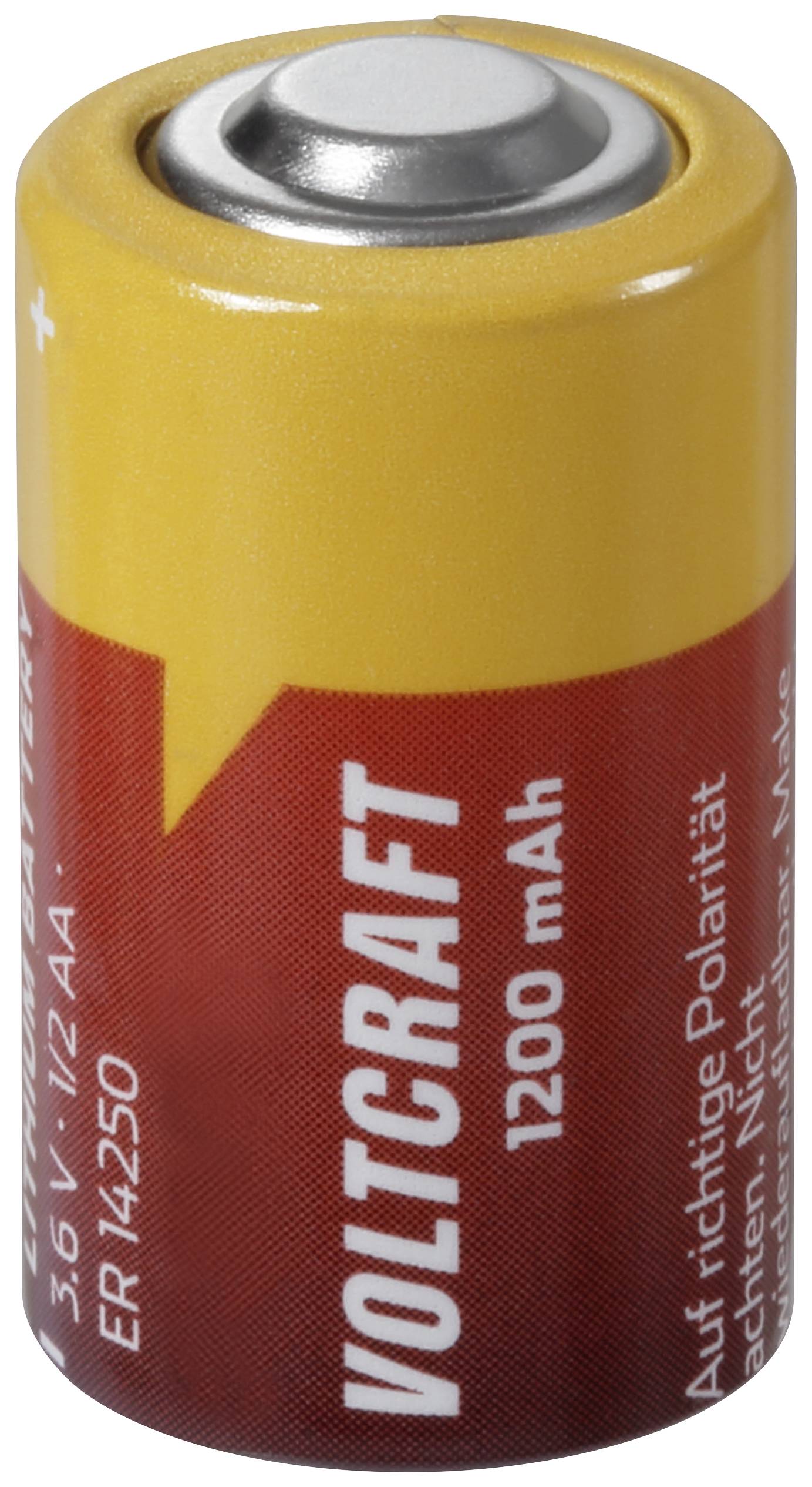 Eine rote und gelbe Batterie mit der Aufschrift 'VOLTCRAFT 1200 mAh'. Oberseite zeigt eine Metallkappe, Text weist auf Polarität hin.