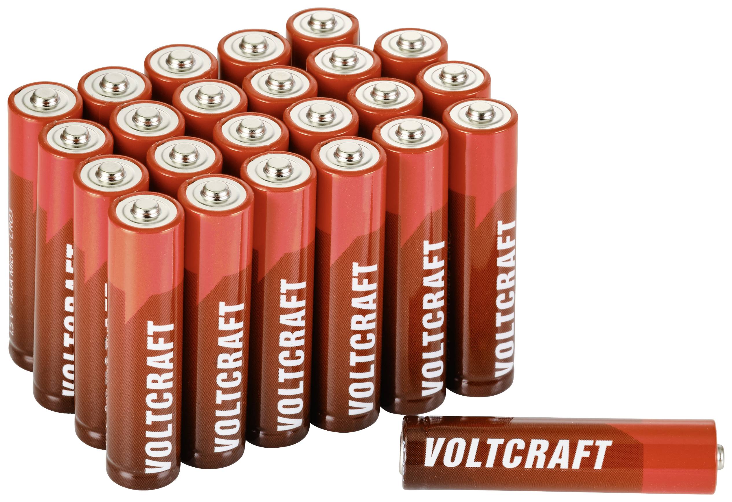 Ein Gruppenbild von 24 roten Batterien der Marke 'Voltcraft', davon eine liegend. Batterien sind für elektrische Geräte gedacht.