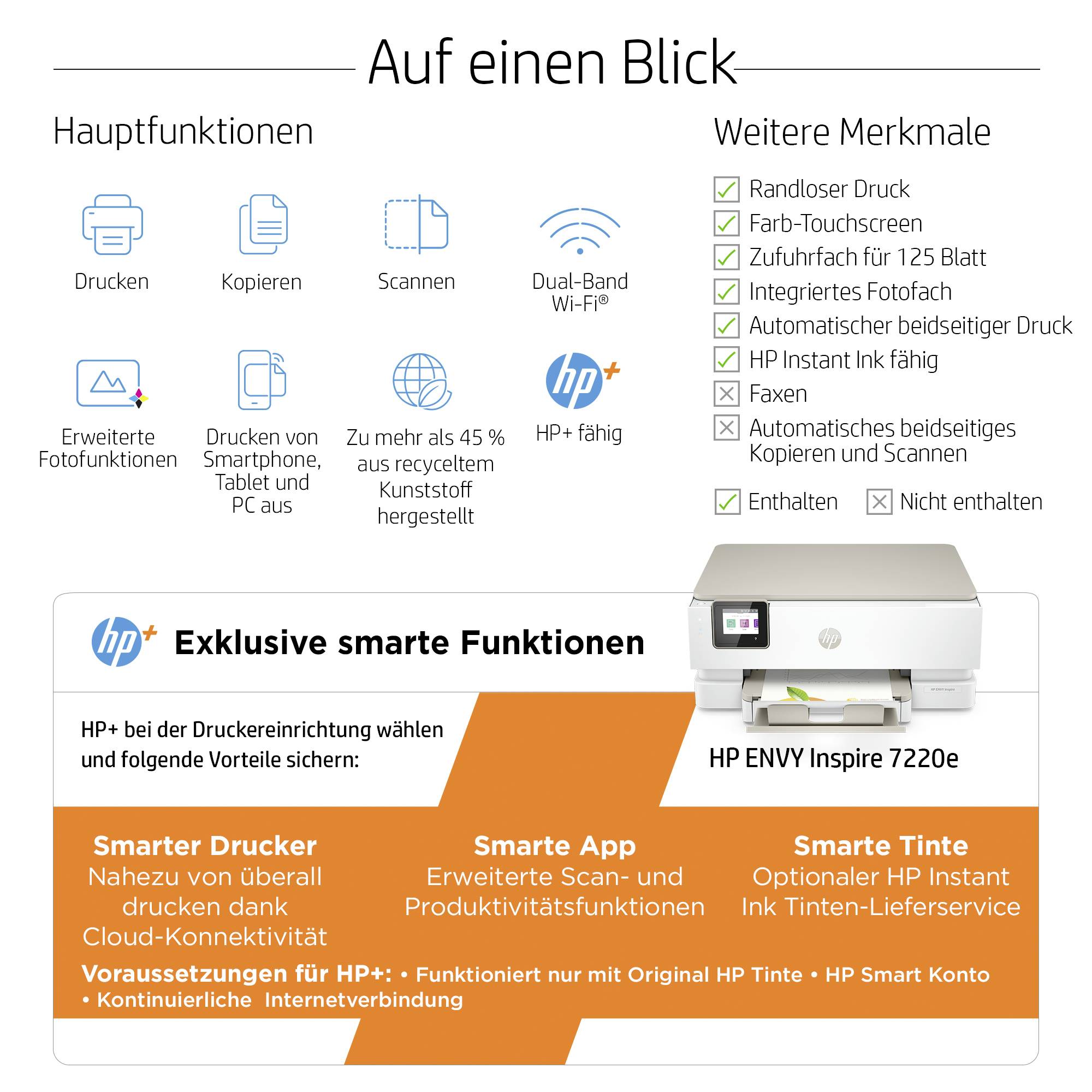 HP ENVY Inspire 7220e All-in-One HP+ Multifunktionsdrucker A4 Drucker, Scanner, Kopierer HP Instant Ink, Duplex, WLAN