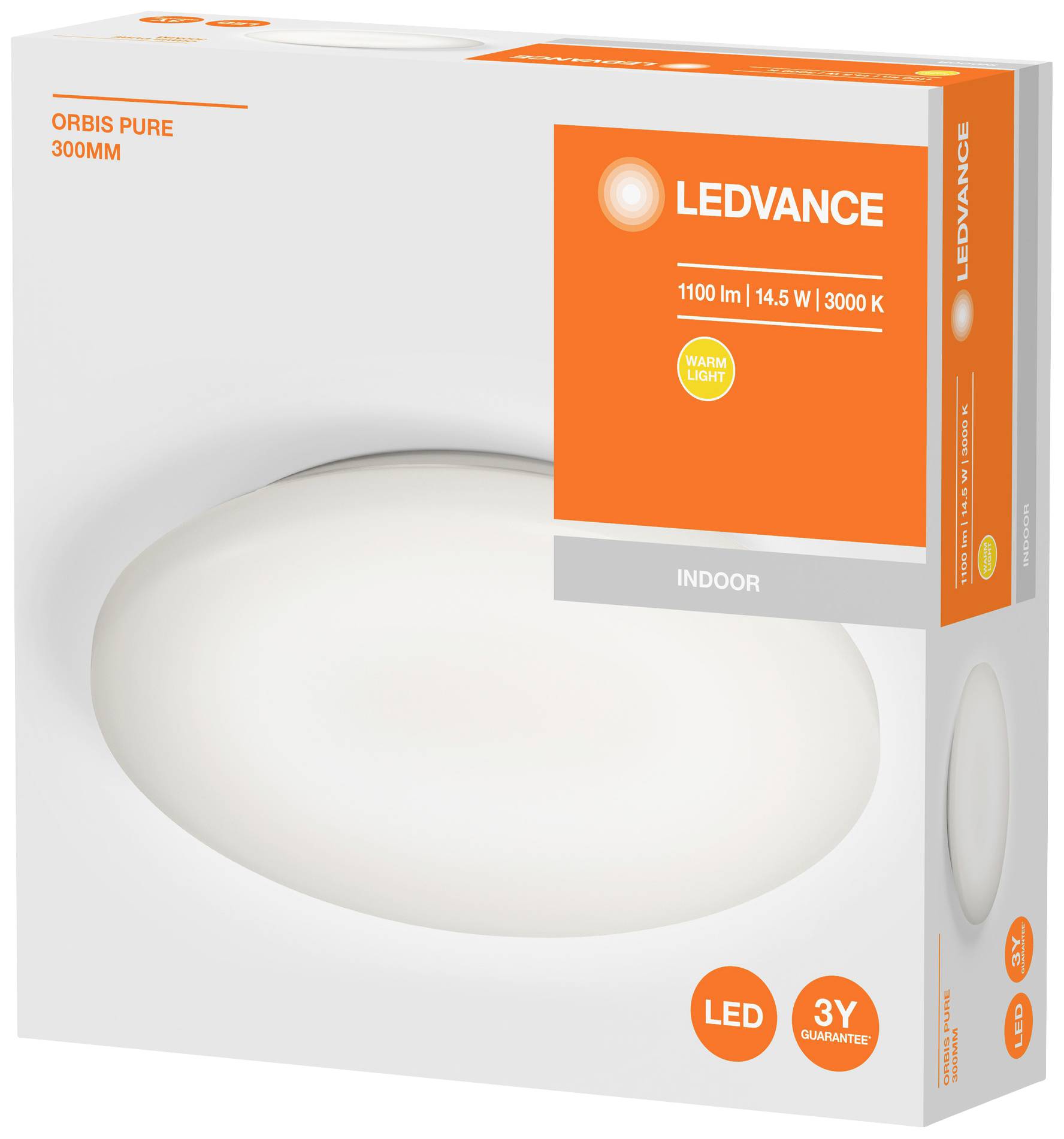 LED-Deckenleuchte in Verpackung von Ledvance. 1100 lm, 14,5 W, 3000 K, warmes Licht. Indoor-Nutzung, 3 Jahre Garantie.