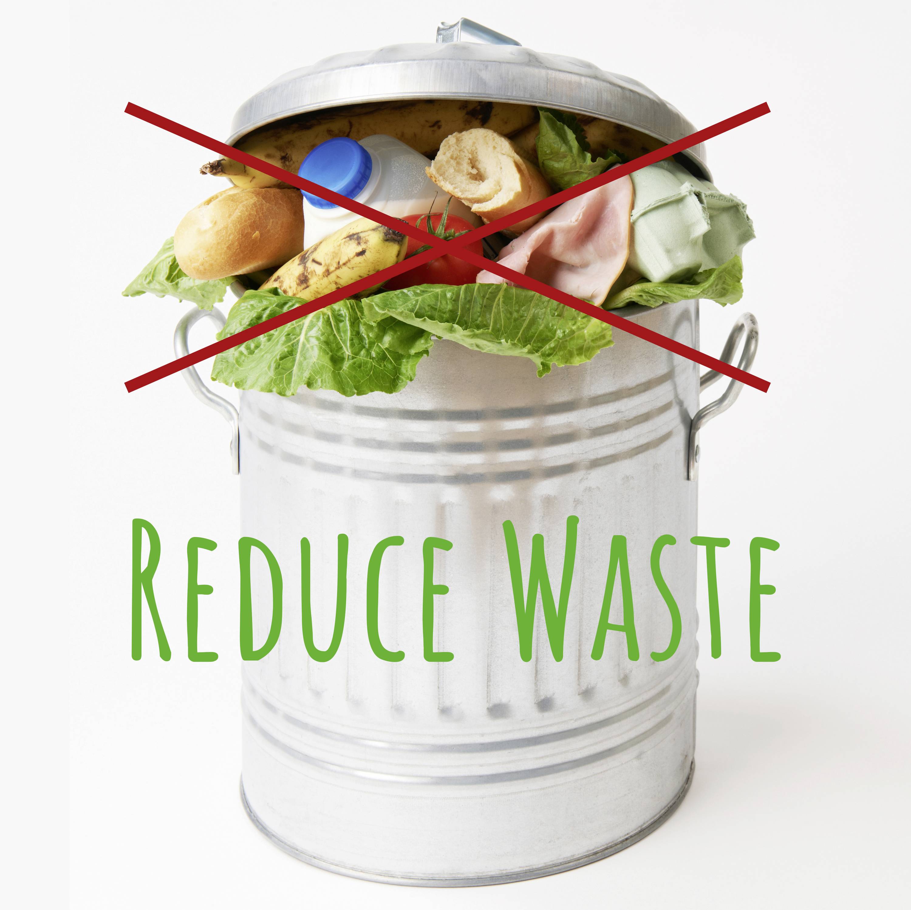 Ein Mülleimer, überfüllt mit Abfall wie Essen und Plastik, ist rot durchgestrichen. Darunter steht in Grün 'Reduce Waste'.