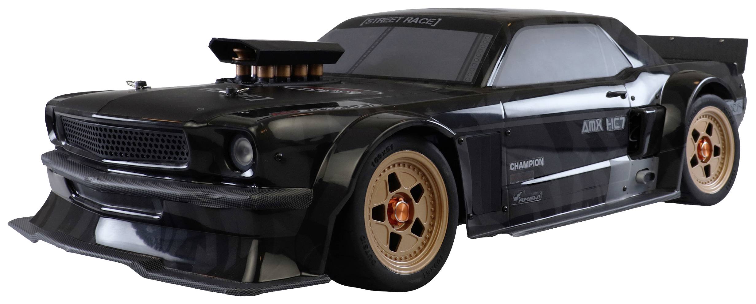 Ein schwarzes Spielzeug-Auto im Sportwagen-Stil mit goldenen Felgen und einem markanten Lufteinlass auf der Motorhaube.
