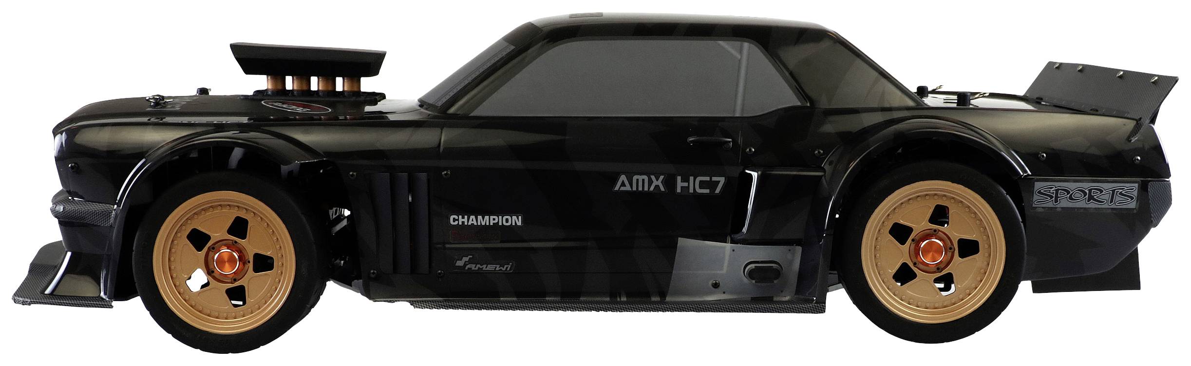 Schwarzes Spielzeugauto im Profil mit großen goldenen Felgen, sichtbarem Motor auf der Haube und sportlichem Design.