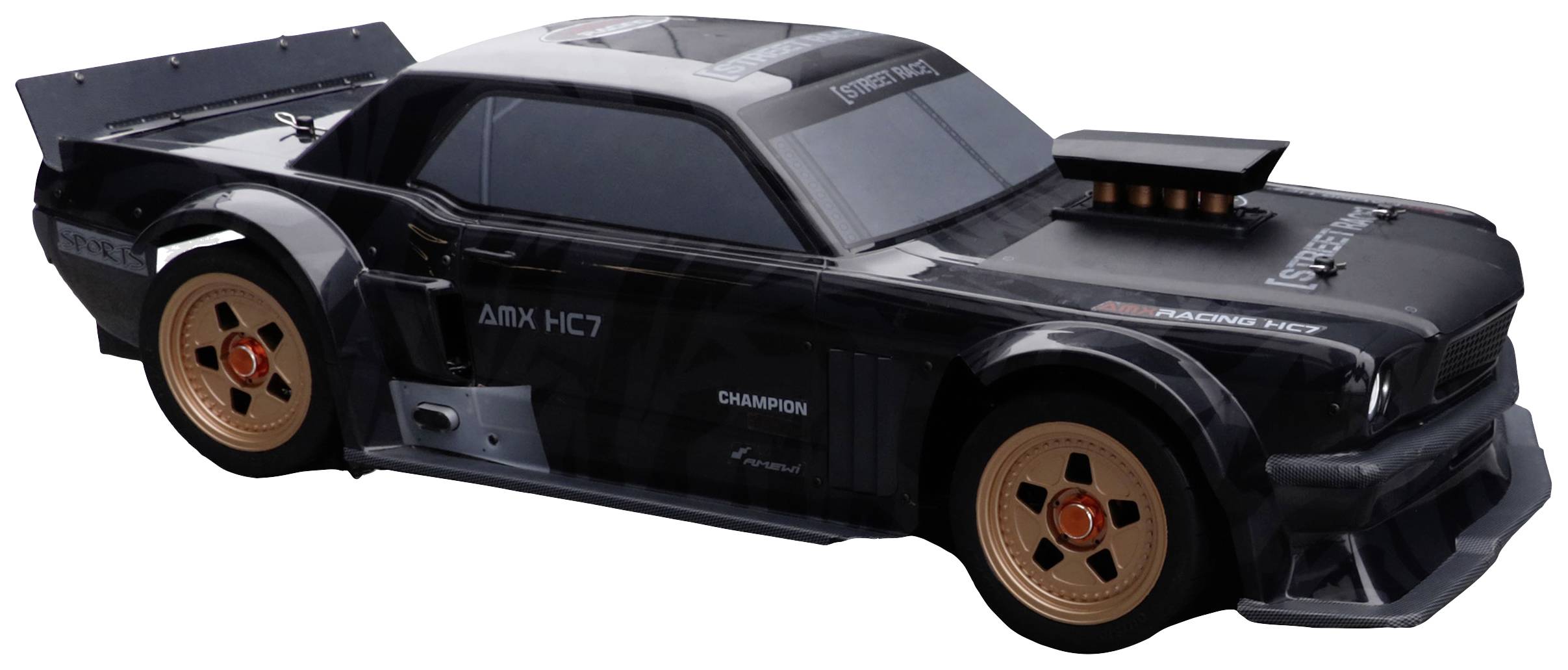 Spielzeugauto im Rennwagen-Design, schwarze Karosserie mit goldfarbenen Felgen und auffälligem Heckspoiler.