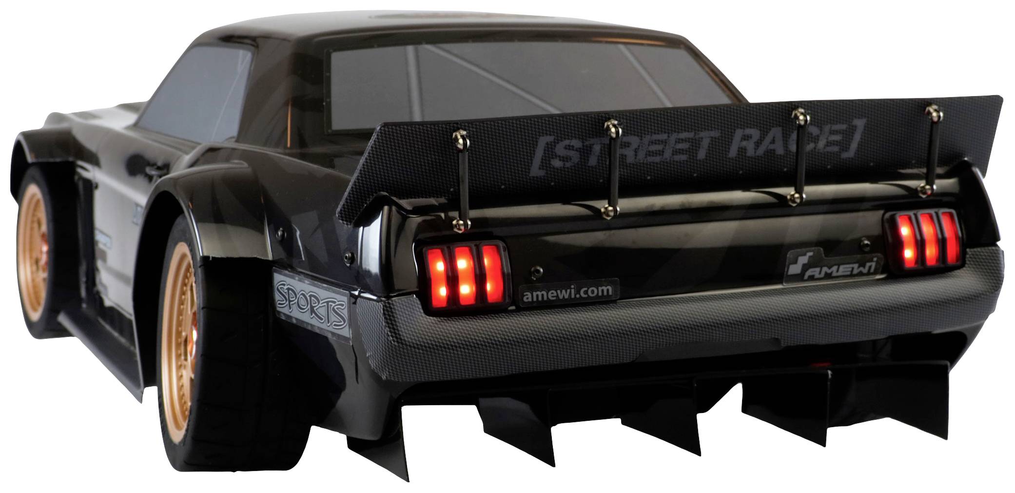 RC-Auto mit schwarzem Karosserie, großen goldenen Felgen und leuchtenden Rücklichtern. Text auf dem Heckspoiler: 'STREET RACE'.
