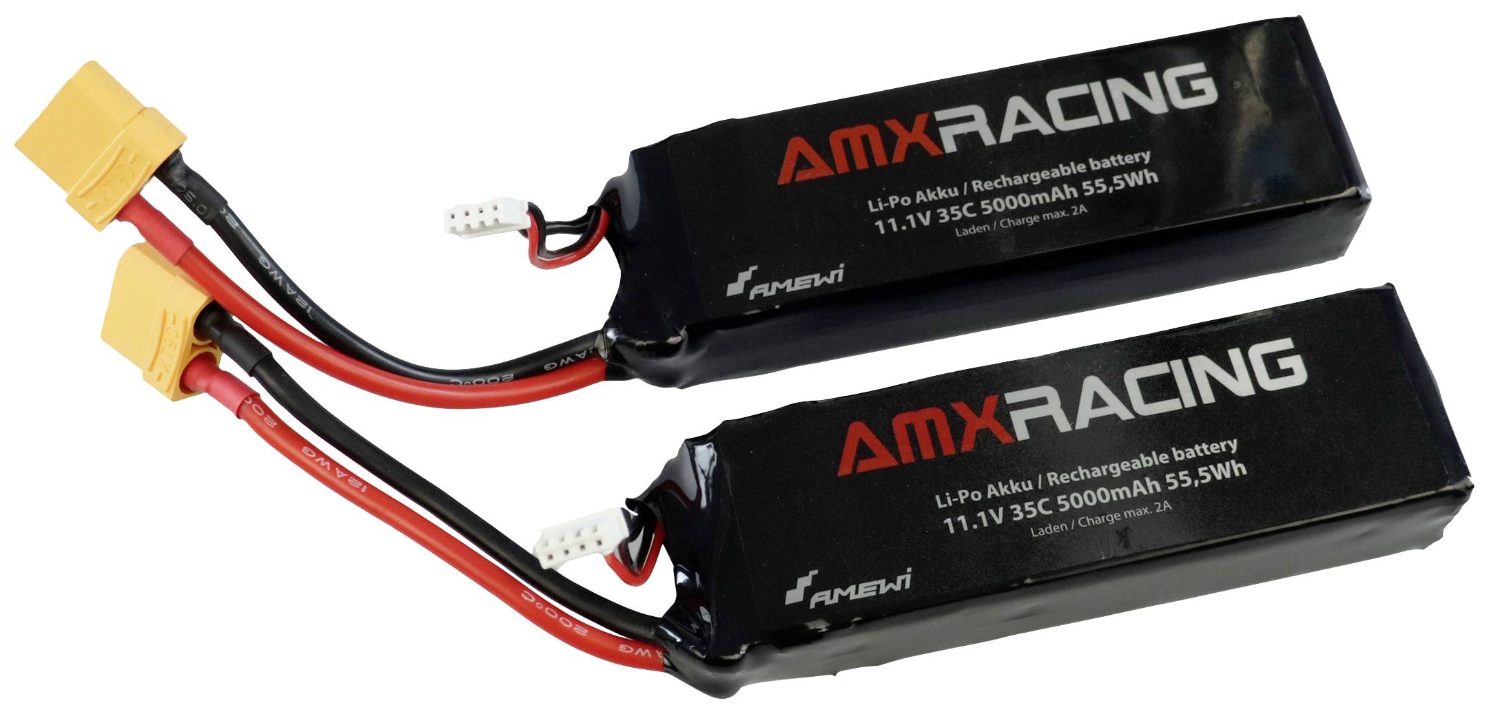 Zwei schwarze, rechteckige Akkus von 'AMX Racing' mit 11,1V und 5000mAh, jeweils mit roten und schwarzen Kabeln und weißen Steckverbindern.