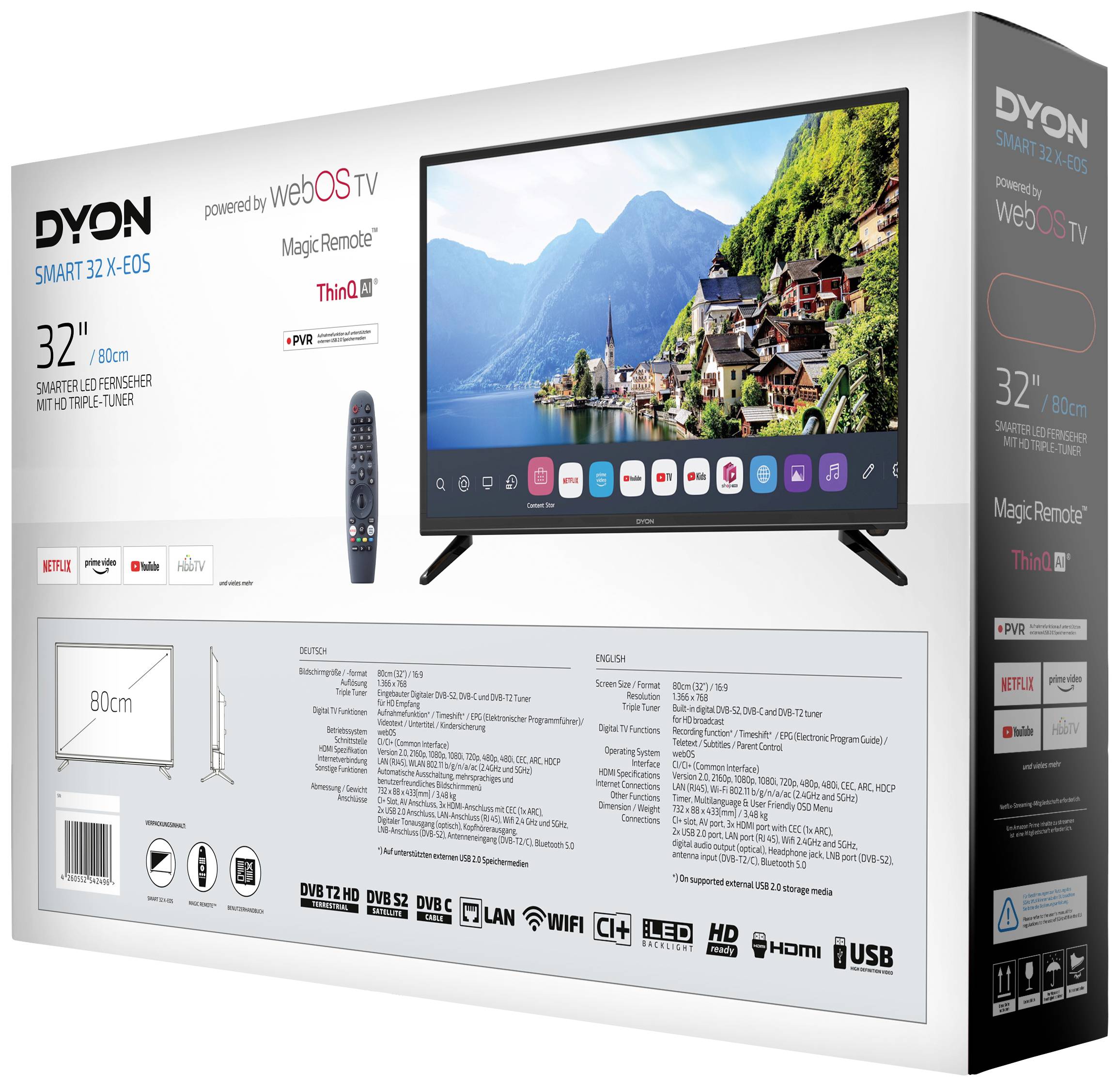 Dyon Smart 32 X-EOS LED-TV 80 cm 32 Zoll EEK F (A - G) DVB-T2, DVB-C, DVB-S2, HD ready, Smart TV, WLAN, PVR ready, CI+ Schwarz