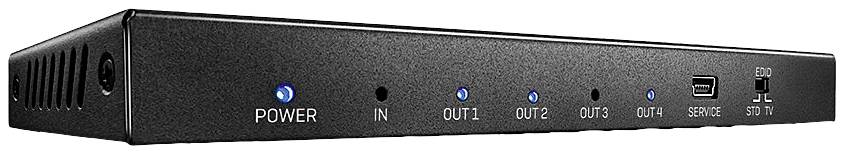 Ein schwarzer Verteiler mit fünf blauen LED-Anzeigen, einem USB-Port und einem SD-Kartensteckplatz. Anschlüsse sind mit 'IN' und 'OUT' beschriftet.