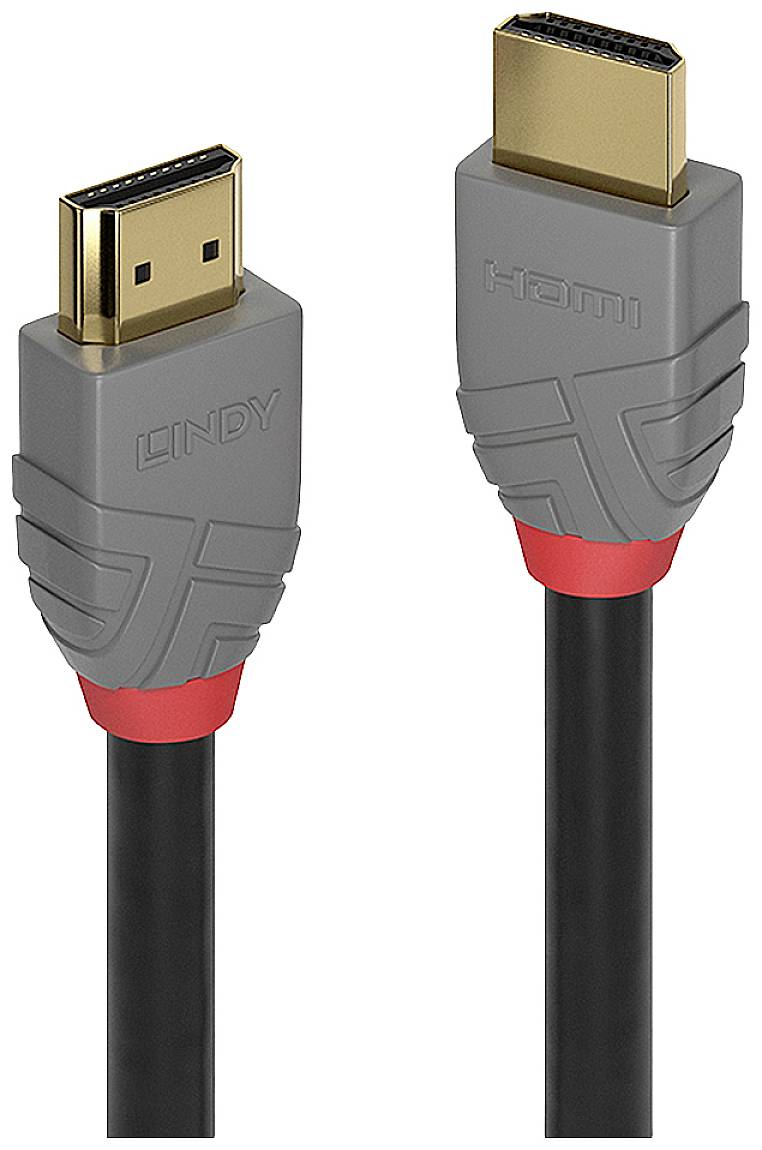 Zwei graue HDMI-Kabelstecker mit rotem Ring und schwarzem Kabel, einer mit 'LINDY', der andere mit 'HDMI' beschriftet.