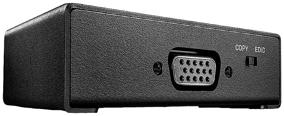 Schwarzer elektronischer Adapter mit einem VGA-Anschluss in der Mitte, einem Knopf mit der Aufschrift 'COPY' und einem Schalter 'EDIT'.
