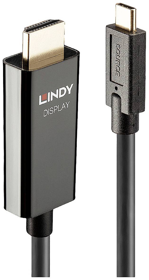 Ein HDMI-Display-Kabel mit Lindy-Logo und ein USB-C-Stecker.