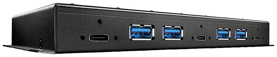 Rückseite einer Dockingstation mit vier USB-3.0-Anschlüssen und zwei USB-C-Anschlüssen. Schwarzes Gehäuse, technische Geräte.