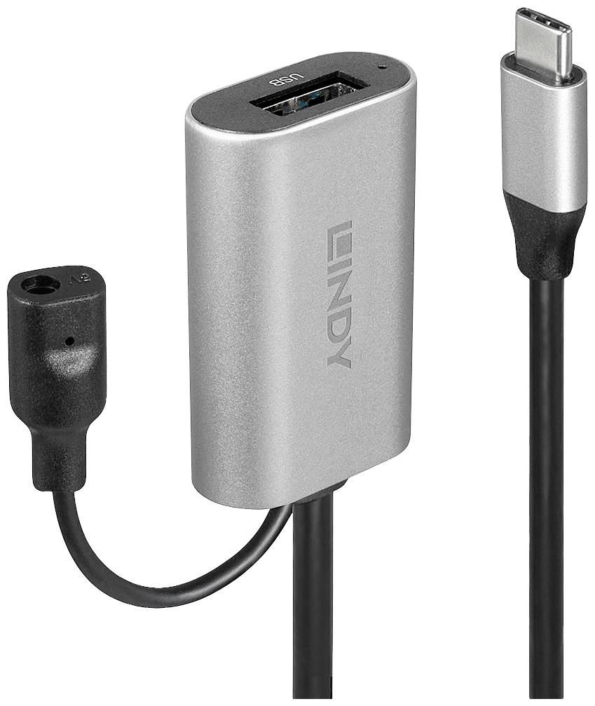 'USB-C auf USB und 3,5 mm Audio Adapter von Lindy', zeigt Adapter mit USB-C-Stecker und Anschlüssen für USB und Audiokabel.