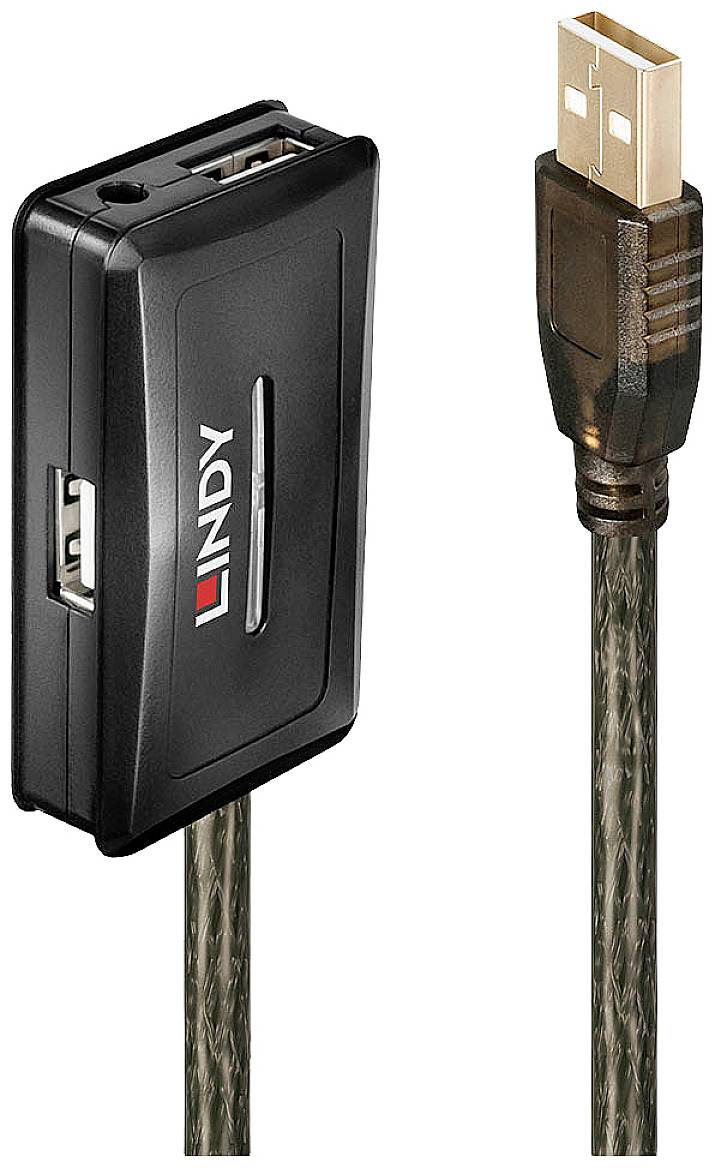 USB-Datenübertragungskabel mit schwarzer Box und zwei USB-Steckern. Wird verwendet, um Daten zwischen Geräten zu übertragen.