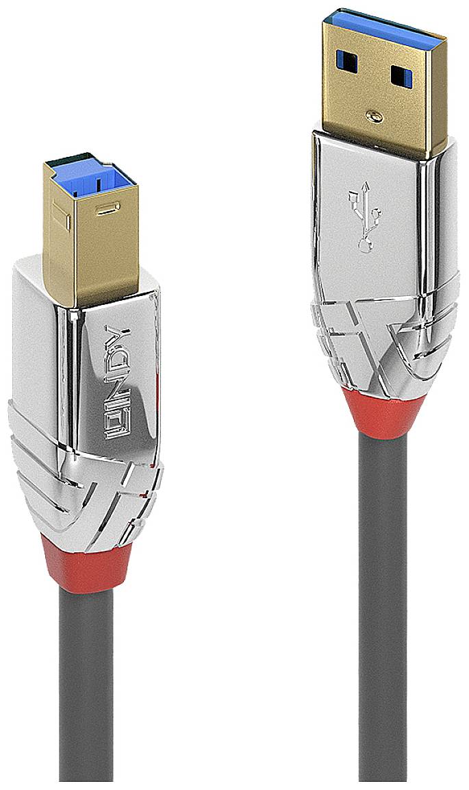 Zwei USB-Kabelstecker: links ein USB-B-Typ, rechts ein USB-A-Typ, beide in Metalloptik mit blauen Anschlüssen.