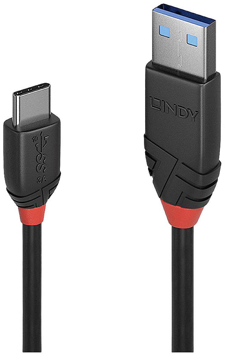 Zwei Kabelstecker: links USB-C, rechts USB-A mit blauem Innenraum. Beide Stecker haben ein schwarzes Gehäuse und rote Details.