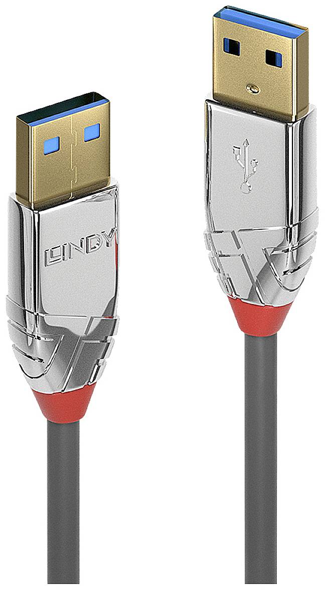USB-A-Stecker und Kabel, silber und rot, geeignet für den Anschluss von Geräten mit USB-Anschlüssen.
