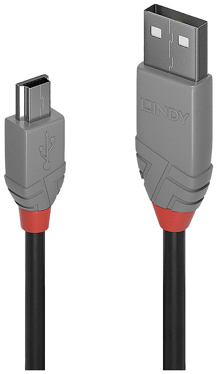 Ein graues USB-Kabel mit schwarzen Anschlüssen, links Mini-USB, rechts Standard-USB. Geeignet für Datenübertragung und Laden.