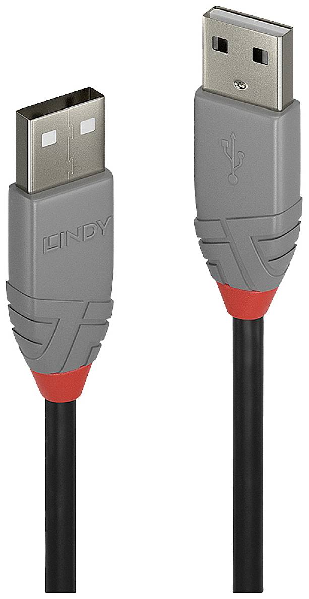 Graues USB-Kabel mit roten Akzenten und zwei Steckerenden. Links ein USB Typ A Stecker, rechts ebenfalls ein Typ A Stecker.