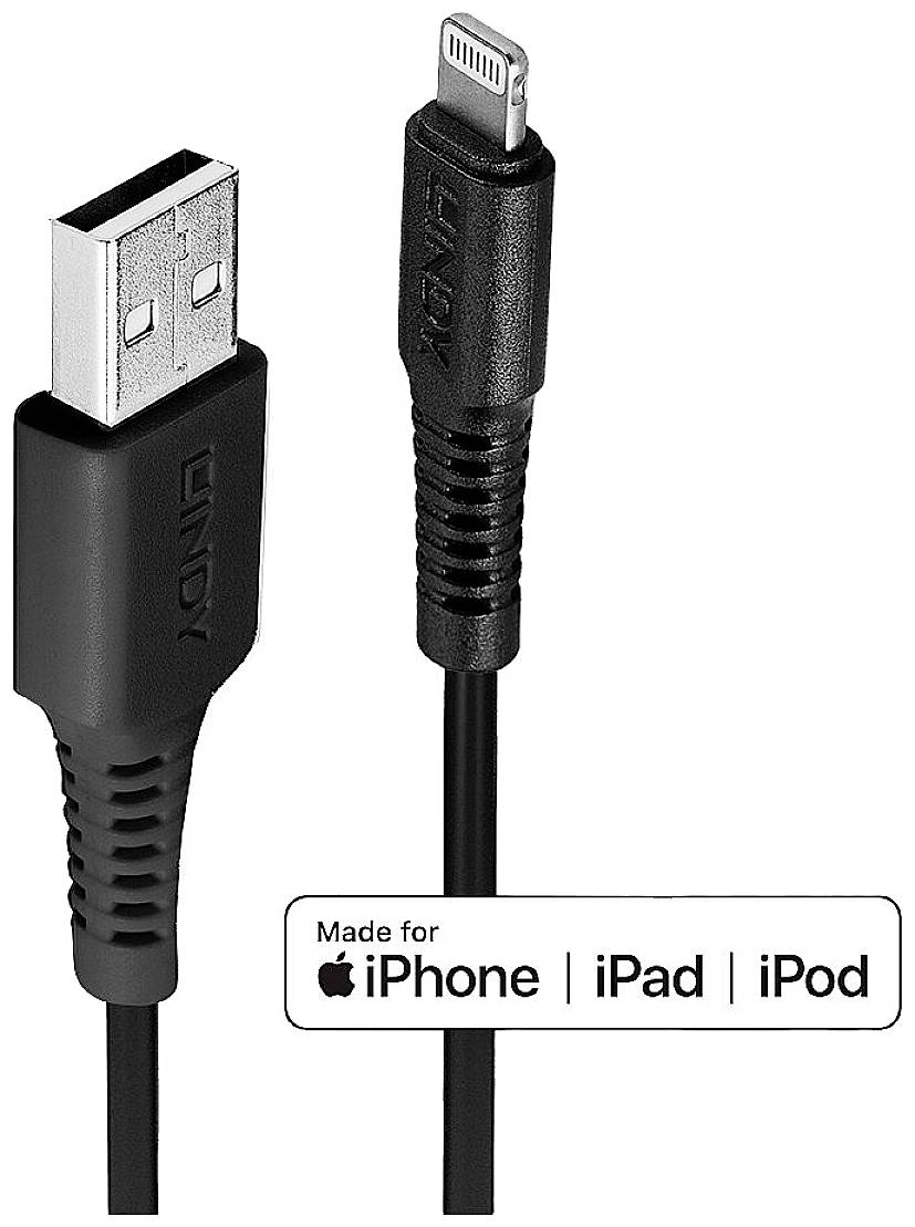 Schwarzes USB-Kabel mit Lightning-Anschluss, kompatibel mit iPhone, iPad und iPod.