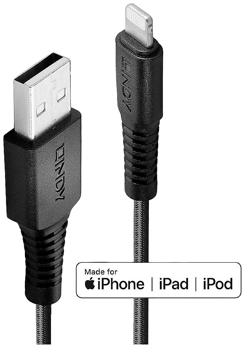 'USB zu Lightning-Kabel', schwarz mit Text 'Made for iPhone | iPad | iPod', zeigt Kompatibilität mit Apple-Produkten.