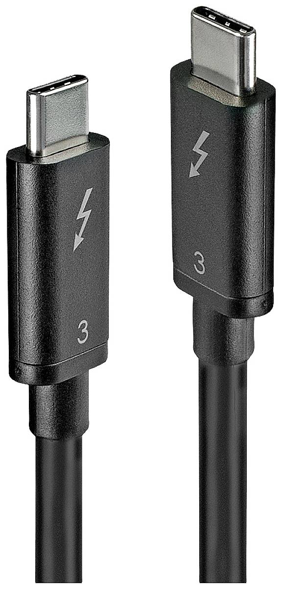 Zwei schwarze Thunderbolt 3 USB-C-Kabel mit Blitzsymbolen, geeignet für schnelle Datenübertragung und Ladefunktionen.
