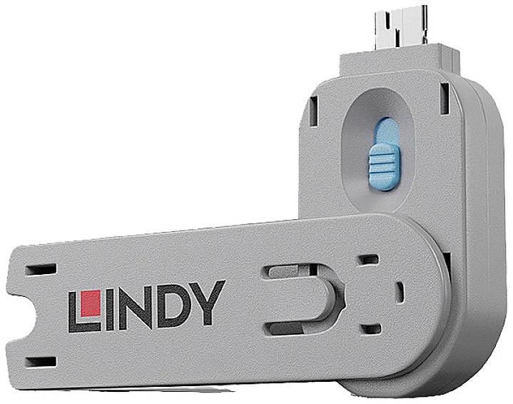 Grauer USB-Adapter von Lindy mit beweglichem Anschluss und blauer Schutzschalter.