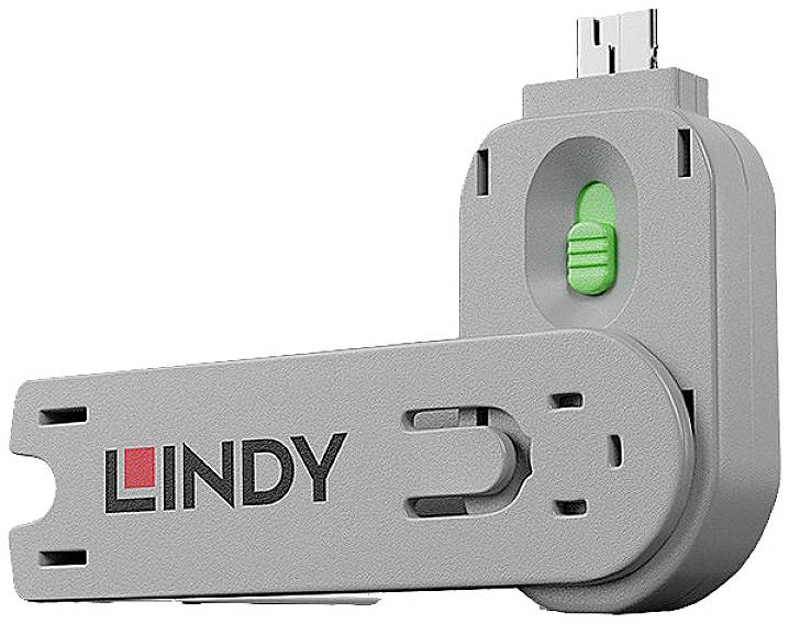 Ein grauer USB-Adapter mit einem grünen Schalter und dem Logo 'Lindy'.