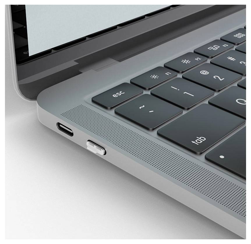 Nahaufnahme der linken Seite eines Laptops, die einen USB-C-Anschluss und ein rotes USB-Flash-Laufwerk zeigt, das in einen unteren Anschluss neben der Tastatur eingesteckt ist.