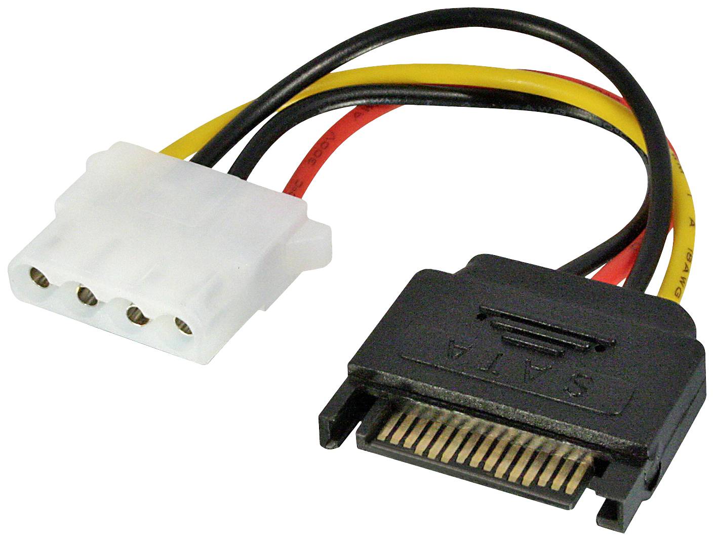 Ein Molex-zu-SATA-Netzteiladapterkabel, das eine Verbindung zwischen älteren und neueren Festplatten ermöglicht.