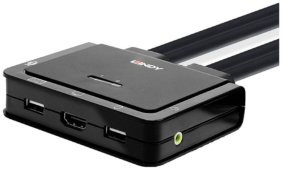 Schwarzer KVM-Switch von Lindy mit zwei HDMI-Ports, einem USB-Anschluss und einem Audioanschluss, geeignet zur Verbindung von Computern.