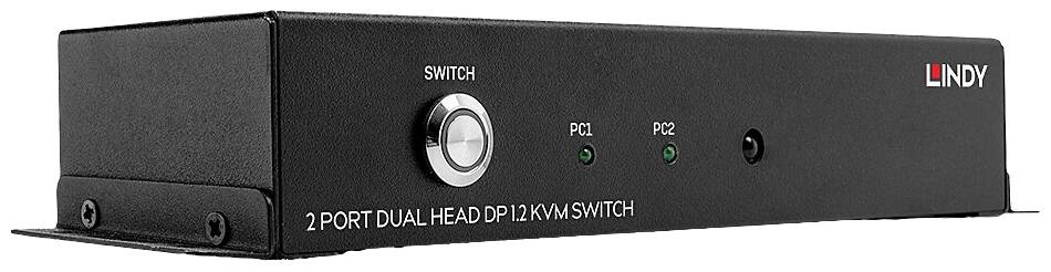 KVM-Switch mit zwei Anschlüssen, Schalter für Portauswahl, LEDs für PC1 und PC2, Marke Lindy.