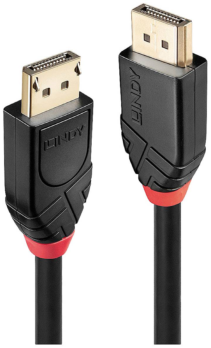 Zwei schwarze DisplayPort-Kabel mit goldenen Steckern und roten Einsätzen, geeignet für die Übertragung von Video- und Audiosignalen.