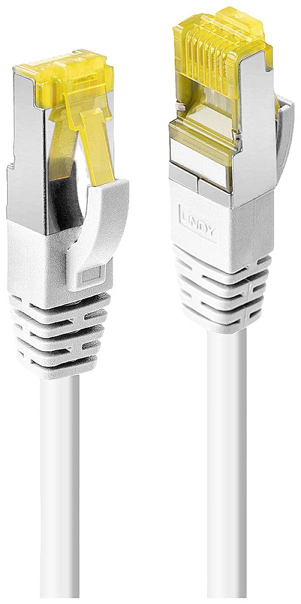 Zwei weiße Ethernet-Kabel mit gelben Steckern, die zur Netzwerkverbindung verwendet werden.