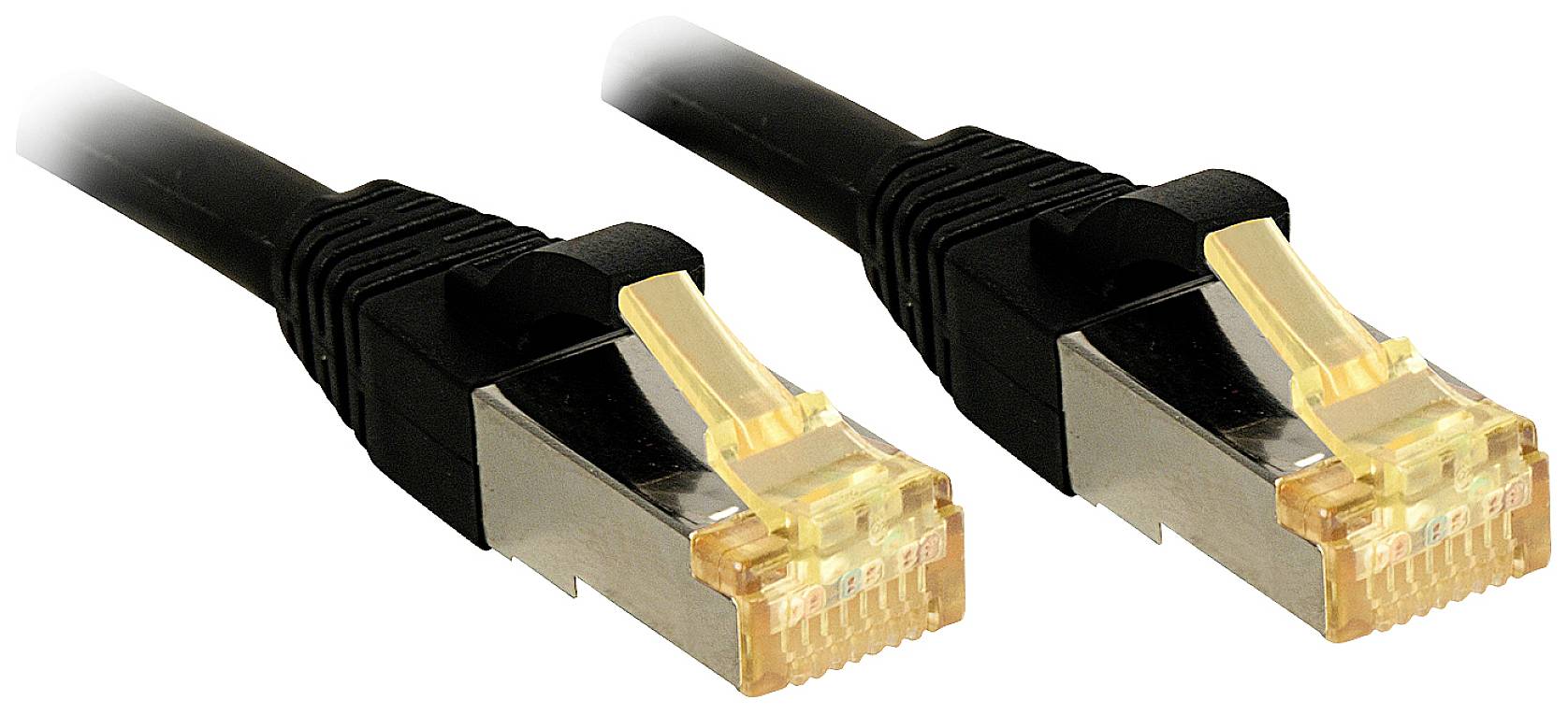Zwei schwarze Ethernet-Kabel mit goldfarbenen Steckern, verwendet für Netzwerkverbindungen.