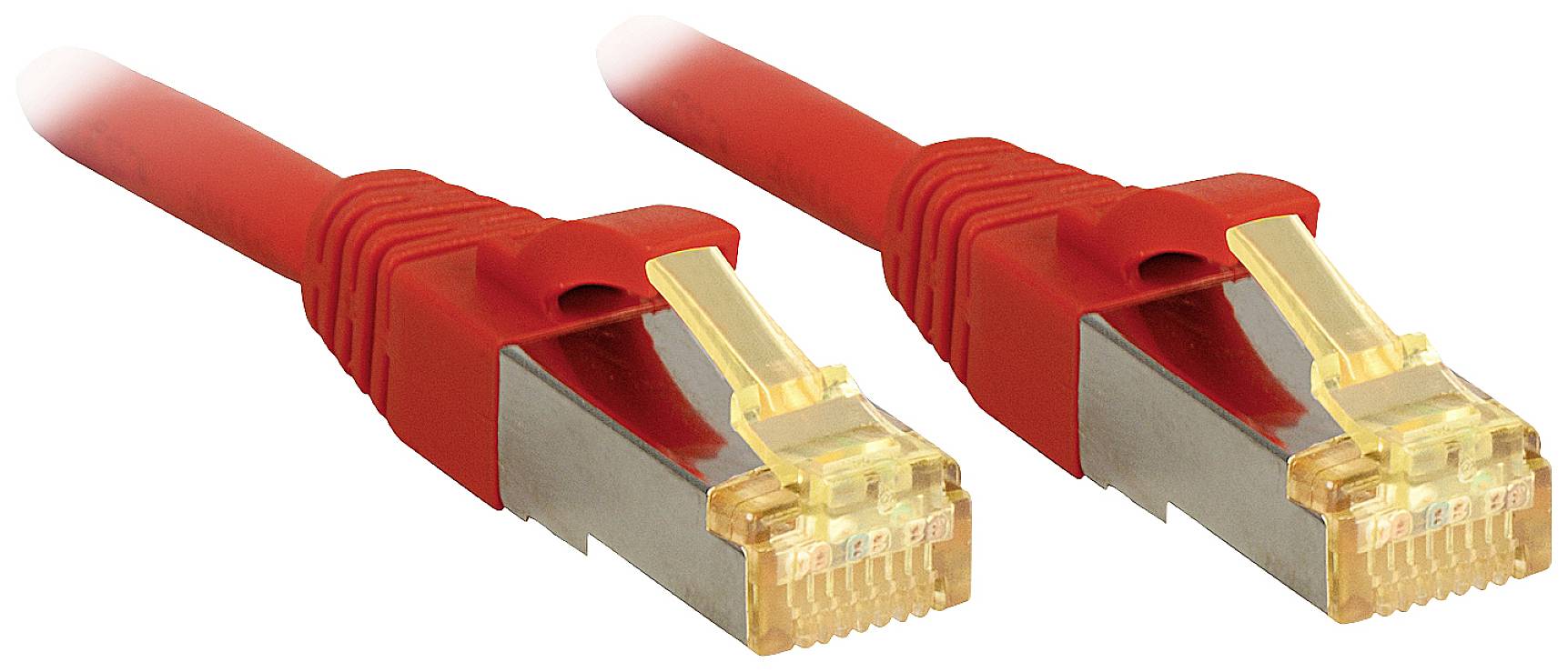 Zwei rote Ethernet-Kabel mit goldenen Anschlüssen nebeneinander. Sie sind typische Netzwerkkabel für Computernetzwerke.