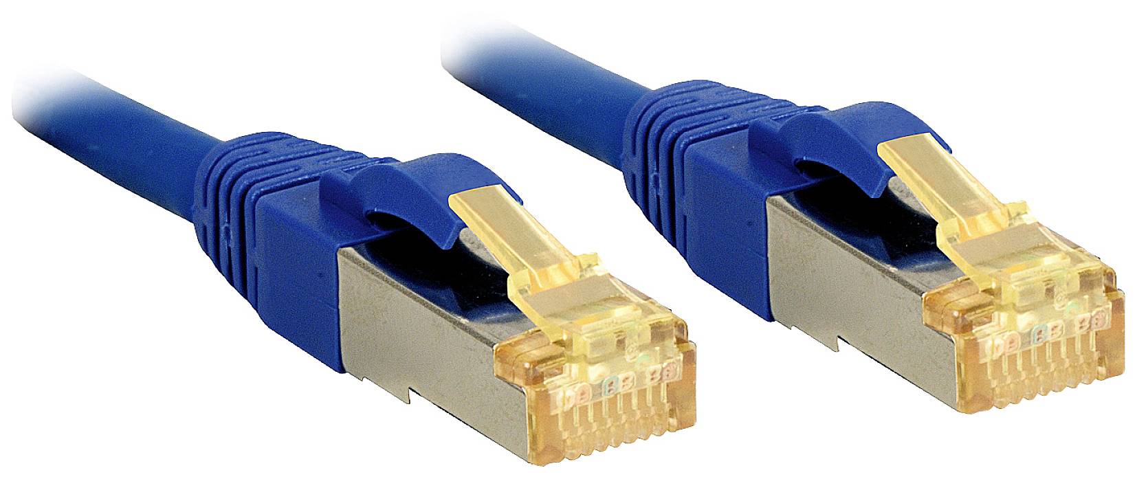 Zwei blaue Ethernet-Kabel mit goldenen Steckern sind nebeneinander. Sie dienen zur Verbindung von Computernetzwerken.