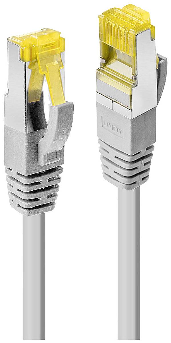 Zwei graue Ethernet-Kabel mit gelben Steckern, nebeneinander liegend.