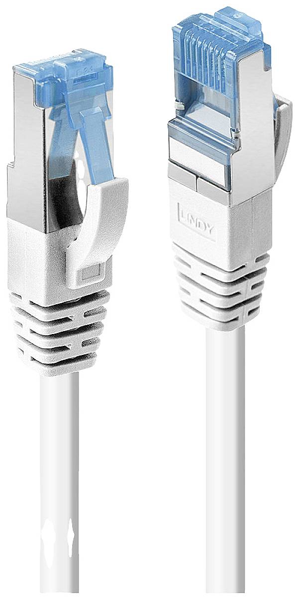 Ein Ethernet-Kabel mit beidseitigen RJ45-Steckern, die blaue Plastikclips haben. Es wird häufig für Netzwerkverbindungen verwendet.