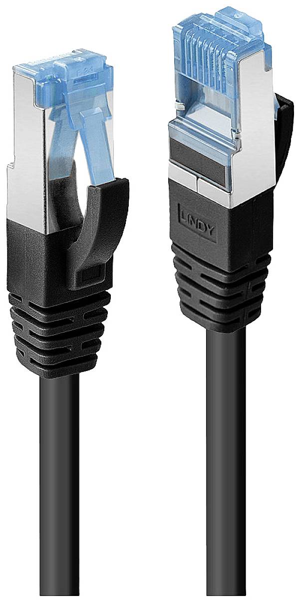 Ein schwarzes Ethernet-Kabel mit blauen, transparenten RJ45-Steckern an beiden Enden, gekennzeichnet mit Markenlogo.