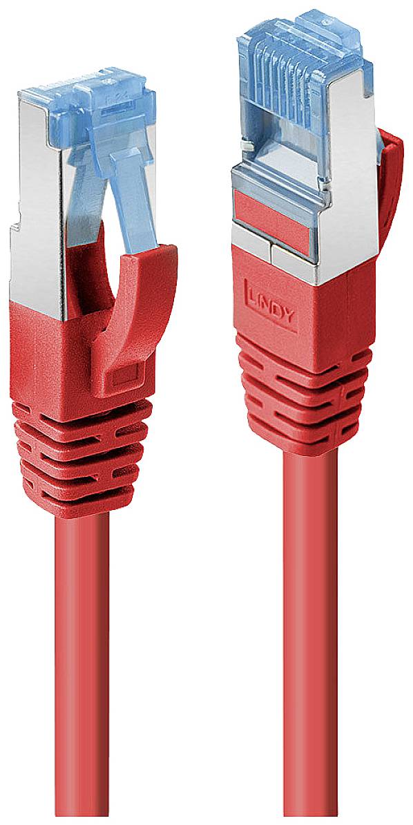 Zwei rote Ethernet-Kabel mit blauen Steckern und silbernen Gehäusen, geeignet für Netzwerkverbindungen.
