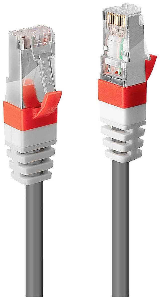 Zwei graue Ethernet-Kabel mit roten Steckern, die nebeneinander stehen.